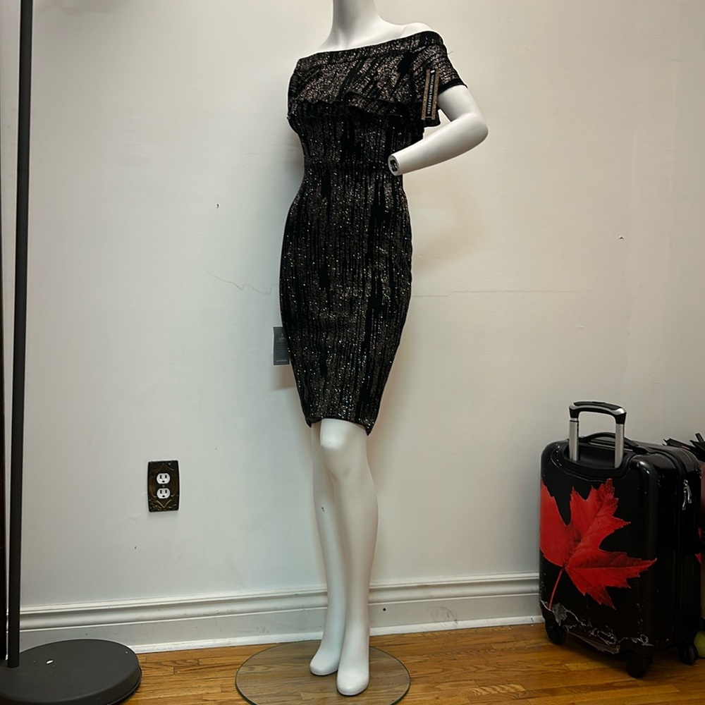 NEW Le Chateau of shoulder black gold midi dress Canada made Holiday edition
